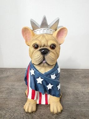 Patriotic 4th of July French Bulldog Figurine with Crown and American Flag
